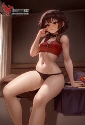 1girls 2d ai_generated ass back bare_shoulders barefoot big_ass bra brown_hair collar erophoenix female female_focus full_body kono_subarashii_sekai_ni_shukufuku_wo long_hair looking_at_viewer megumin pale_skin pale_skinned_female panties patreon_username red_eyes short_hair sitting small_breasts smile soles solo thick thick_thighs uncensored underwear