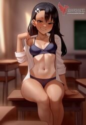 1girls 2d ai_generated areolae ass back bare_shoulders big_ass black_hair blue_eyes bra brown_eyes dark_skin dark_skinned_female day erophoenix female female_focus full_body hairclip hayase_nagatoro jewelry long_hair looking_at_viewer one-piece_tan panties patreon_username please_don't_bully_me,_nagatoro sitting skin_fang small_breasts smile solo tan tan_body tan_lines tanline thick thick_thighs uncensored underwear undressing