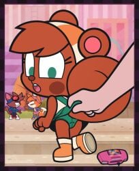 1boy 1girls 2d 2girls :o back back_view brown_body brown_fur clothed clothed_female green_panties green_skirt lifting lifting_skirt looking_back mitzi_(ajmarekart) murphy_(ajmarekart) murphy_and_mitzi panties skirt skirt_lift skirt_up squirrel stairs surprised tagme tail unknown_artist viewed_from_behind vivian_(ajmarekart)