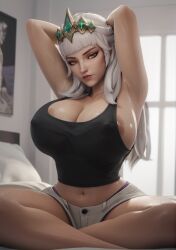 1female 1girls ai_generated armpits arms_behind_back arms_behind_head arms_up ass biceps big_ass big_breasts big_butt big_nipples breasts crown dark-skinned_female dark_skin exposed_breasts exposed_nipples female female_focus female_only huge_ass huge_breasts huge_butt human human_only humanoid league_of_legends light-skinned_female light_skin long_hair looking_at_partner looking_at_viewer looking_pleasured looking_up nipples orange_eyes qiyana_yunalai riot_games sitting sitting_on_bed solo solo_female solo_focus thick thick_ass thick_legs thick_thighs thigh_highs thighhighs thighs voluptuous voluptuous_female waifusrift white_hair