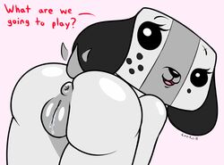 1girls 2017 animate_inanimate anthro anus ass canine capital-h chubby dialogue female female_only feral large_ass looking_at_viewer mammal nintendo nintendo_switch nude open_mouth pussy pussy_juice simple_background smile solo switch_dog text video_games