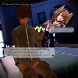 confinedburn dialogue_box eunie_(xenoblade) smile tagme taion_(xenoblade) text_box wings_on_head xenoblade_(series)