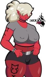 2025 2d big_breasts big_thighs black_shorts breasts candy daken_art(artist) daken_henderson(artist) desdemona_(fortnite) epic_games fanart fishnet_legwear fishnet_pantyhose fortnite fortnite:_battle_royale grey_shirt nipples_visible_through_clothing pallette piercing piercing_nipples red_body red_skin shiny_skin short_shirt short_sleeves shorts tattoo thick_thighs thighs tied_hair white_hair