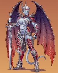 abs armor black_sclera blue_eyes blue_skin breasts chains colored_sclera colored_skin commentary commission cuisses demon_girl demon_horns demon_tail demon_wings earrings english_commentary faulds female full_body glowing glowing_eyes gradient_background greaves high_heels highres holding holding_sword holding_weapon horns jewelry large_breasts looking_at_viewer luigiix muscular muscular_female orange_background original pelvic_curtain planted planted_sword planted_weapon pointy_ears shadow shiny_skin short_hair shoulder_armor solo standing sword tail vambraces very_short_hair weapon white_hair wings