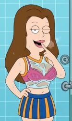 ai_generated american_dad ass bigmic145 bra bra_visible_through_clothes breasts brown_hair cheerleader crop_top female lisa_silver long_hair navel see-through see-through_clothes see-through_clothing skirt solo solo_female tease teasing wet wet_body wet_clothes wet_clothing wet_skin