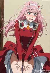 ai_generated aqua_eyes bangs black_panties blush breasts clothes_lift clothes_pull clothing covering_crotch darling_in_the_franxx dress embarrassed female female green_eyes hairband headwear horns indoors jousneystudio long_hair long_sleeves makeup male medium_breasts necktie open_mouth panties pantsu pink_hair red_dress red_horns side-tie_panties skirt solo surprised sweat sweatdrop teeth thighs trembling underwear uniform white_hairband wind wind_lift zero_two_(darling_in_the_franxx)