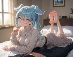 1boy ai_generated ass barefoot dragon_wings dress elira_pendora elira_pendora_(3rd_costume) erection erection_under_clothes feet_up female glasses large_breasts nijisanji on_bed smile straight virtual_youtuber