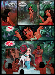 barefoot black_hair blonde_hair blue_eyes breasts brown_eyes chesare cleavage comic competition crossover dark-skinned_female dark-skinned_male dark_skin disney disney_princess elbow_gloves elsa_(frozen) english_text feet female frozen_(film) garter_straps germanic gloves high_heels highres interracial jewelry large_breasts lingerie long_hair midriff moana moana_waialiki multiple_boys multiple_girls necklace nipples northern_european pacific_islander pale_skin petite polynesian raceplay shoes sideboob skirt stockings strap straps tattoo tattoos teen teenage_girl teenager text thighhighs toes topless tui_waialiki underboob underwear young