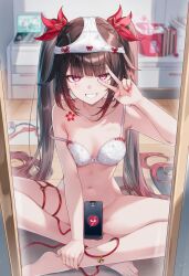 ai_generated bottomless bra female_focus honkai:_star_rail mirror_reflection mirror_selfie panties_off panties_on_head peace_sign phone_camera raaicave small_breasts smiling sparkle_(honkai:_star_rail)