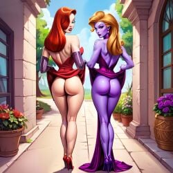 2girls ai_generated aphrodite_(hercules) ass ass ass_focus back back_view bare_thighs blonde_female blonde_hair blonde_hair blonde_hair_female blue_eyes blue_sky clothed clothed_female cloud disney dress dress_lift earrings elbow_gloves eyeshadow female female_focus female_only flashing flashing_ass flower flower_pot flowers gloves goddess grass greek_mythology green_eyes hair_over_eye hair_over_one_eye hercules_(disney) high_heeled_shoes high_heels house jessica_rabbit legs lifting_clothing lifting_dress light-skinned_female light_skin lipstick long_dress long_hair looking_at_viewer looking_back looking_back_at_viewer low_cut_dress makeup no_panties outdoors outside pavement plant public public_exposure purple-skinned_female purple_body purple_dress purple_elbow_gloves purple_gloves purple_high_heels purple_shoes purple_skin red_dress red_hair red_hair red_high_heels red_lipstick red_shoes redhead_female sexy sexy_body sexy_pose thighs tree trees uzzlegorf who_framed_roger_rabbit window