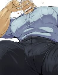 balls bara beard big_bulge blush bulge clothing facial_hair flaccid fully_clothed hogen_(tokyo_afterschool_summoners) horn kaeru333938123 male male_only muscles muscular one_eye_closed pecs penis solo solo_male tokyo_afterschool_summoners