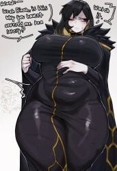 1girls big_breasts big_thighs binah binah_(project_moon) black_hair chubby dialogue english_text fully_clothed hi_res high_resolution highres huge_breasts large_breasts library_of_ruina one_eye_closed pale-skinned_female pale_skin project_moon renata11033 self_conscious self_fondle short_hair text thick_thighs tummy tummy_grab two_tone_hair white_background