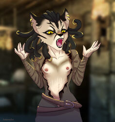 ahzra_(character) anthro asheraart blush breasts clothing felid feline felis female flat_chested fur hair khajiit mammal nipples solo the_elder_scrolls the_elder_scrolls_online torn_clothing video_games