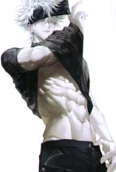 1boy abs black_clothing black_topwear blindfold eyelashes gojo_satoru gojou_satoru jujutsu_kaisen light-skinned_male male male_focus muscles muscular muscular_male satoru_gojo shirt_lift shirt_up solo solo_male suggestive toned toned_body toned_male white_eyelashes white_hair