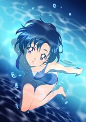 1girls air_bubble alluring ami_mizuno bare_arms bare_legs barefoot bikini bishoujo_senshi_sailor_moon blue_eyes blue_hair blue_theme bubble commentary competition_swimsuit english_commentary female full_body kaze-hime one-piece_bikini parted_lips short_hair small_breasts solo soundlesswind swimming swimsuit underwater