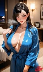 1girls ai_generated bathrobe bed bedroom big_breasts blue_bathrobe blush blushing_female breasts brown_eyebrows brown_eyes brown_hair chun-li cleavage cleavage completely_nude dark_room dh_lucky female indoors long_hair looking_at_viewer muscular muscular_female night shiny_skin solo solo_female standing street_fighter wet window