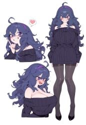1girls ai-generated alternate_breast_size blush breasts eatsleep1111 female hairband heart hex_maniac highres large_breasts long_hair looking_at_viewer pantyhose pokemon pokemon_xy purple_eyes purple_hair simple_background smile solo sweater