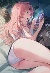 ai_generated bra cheating_wife curvy_ass curvy_body curvy_female curvy_figure green_eyes happy_female nicole_demara panties phone_screen pink_hair raaicave thick_thighs zenless_zone_zero