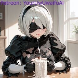 1girl 1girls ai_generated bangs bangs_between_eyes bangs_over_eyes bangs_over_one_eye big_breasts breasts cleavage cleavage_cutout clothed clothed_female clothing cum cum_drinking cum_drip cum_dripping cum_dripping_down_chin cum_dripping_from_mouth cum_in_container cum_in_mouth cum_in_mug cum_on_face cyborg drinking drinking_cum female female_only hair hair_between_eyes hair_over_one_eye hairband huge_breasts large_breasts lips medium_hair mug nier:_automata nier_(series) sitting solo solo_female swallowing swallowing_cum white_hair yorha_2b youruwuwaifuai