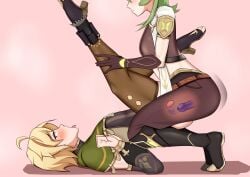 1boy aether_(genshin_impact) aether_(genshin_impact)_(cosplay) ahe_gao anal black_boots blonde_hair boots capelet collei_(genshin_impact) collei_(genshin_impact)_(cosplay) cosplay costume_switch crossdressing female femdom genshin_impact gloves green_capelet green_hair head_out_of_frame high_heel_boots high_heels highres legs_up male_penetrated midriff otoko_no_ko pegging pink_background straight tongue tongue_out user_prhn5222 x-ray yellow_eyes