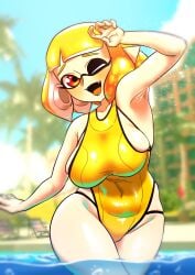 1girls agent_4_(splatoon) beach beach_chair blonde_hair covered_navel female hotaruman97 inkling inkling_girl nintendo one_eye_closed open_mouth pointy_ears red_eyes short_hair solo solo_female solo_focus splatoon splatoon_2 splatoon_2:_octo_canyon swimsuit thick_thighs thighs tongue water wink yellow_hair yellow_swimsuit