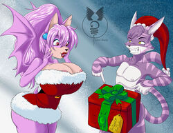 ass bat bessi_the_bat big_breasts big_butt big_penis breasts bulge cheshire_thaddeus_felonious christmas clothing dress duo fan_character feline feline female gift grin hat holidays huge_breasts huge_cock lipstick makeup male mammal nipples nude penis sabela_(artist) slim sonic_(series) surprise wide_hips wings