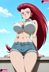 ai_generated alternate_breast_size big_breasts blue_sky blush blushing clouds deviantart female game_freak jessie_(pokemon) large_breasts moewaifu974 nintendo outdoors pokemon red_hair tagme