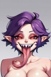 1girl 1girls ai_art ai_generated big_breasts female female_focus female_only large_breasts long_tongue looking_at_viewer naked naughty_face naughty_smile pointed_ears pointed_tongue purple_hair red_eyes sharp_teeth simple_background tongue tongue_out vampiranhya