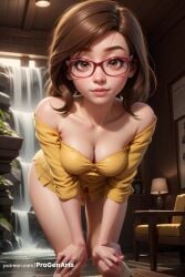 1girls ai_generated artist_name bare_shoulders bent_over bottomless breasts brown_eyes brown_hair cleavage collarbone couch disney earrings glasses hands_on_own_knees hi_res indoors inside_out inside_out_2 jewelry jill_andersen lamp leaning_forward lips looking_at_viewer medium_breasts medium_hair no_pants nose off-shoulder_shirt off_shoulder parted_lips patreon_username pixar progenarts red-framed_eyewear shirt solo standing stud_earrings water web_address yellow_shirt