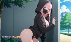 1girls ai_generated black_underwear breasts cleavage female hololive hololive_english hololive_myth hood long_hair looking_at_viewer mask mori_calliope mouth_mask nipple_peek outdoors patreon pink_hair solo tagme tree virtual_youtuber vtuber zenaai