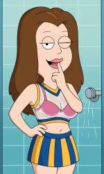 ai_generated american_dad ass bigmic145 bra bra_visible_through_clothes breasts brown_hair cheerleader crop_top female lisa_silver long_hair navel see-through see-through_clothes see-through_clothing skirt solo solo_female tease teasing wet wet_body wet_clothes wet_clothing wet_skin