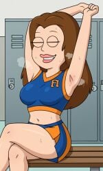 ai_generated american_dad armpits ass bigmic145 breasts brown_hair cheerleader crop_top female lisa_silver long_hair navel skirt solo solo_female sweat sweatdrop sweating tease teasing