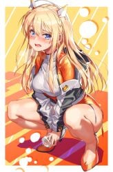 1girls absurdres between_legs blonde_hair blue_eyes blush bodysuit bottle braid breasts container_urination embarrassed goddess_of_victory:_nikke hair_between_eyes hand_between_legs have_to_pee headgear high_heels highres holding holding_bottle jacket large_breasts long_hair long_sleeves looking_at_viewer michairu multicolored_jacket off_shoulder open_clothes open_jacket open_mouth orange_bodysuit orange_shoes own_hands_together shoes sidelocks skin_tight solo squatting sweat tears tove_(nikke) two-tone_jacket v_arms