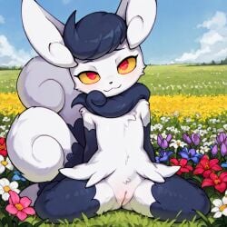 1girls :3 ai_generated cute female flowers fluffy furry futtbluffer gen_6_pokemon hi_res highres legs_apart meowstic pokemon pokemon_(species) presenting presenting_pussy pussy seductive_look sitting solo solo_female stable_diffusion tail