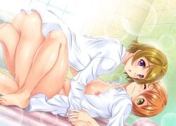 2girls :3 ass blonde_hair blush bottomless breasts closed_mouth green_eyes highres holding_another's_wrist hoshizora_rin indoors koizumi_hanayo kusui_aruta large_breasts leg_between_thighs looking_at_viewer love_live! love_live!_school_idol_project multiple_girls no_bra no_panties non-web_source one_eye_closed open_clothes open_mouth open_shirt purple_eyes red_hair shirt short_hair smile white_shirt yuri