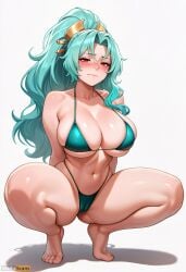 ai_generated artist_name bangs bare_shoulders barefoot bikini blush breasts cameltoe cleavage closed_mouth collarbone feet female full_body green_bikini green_hair hair_ornament high_resolution highleg highleg_bikini highres huge_breasts large_breasts long_hair looking_at_viewer navel parted_bangs ponytail red_eyes simple_background skindentation solo spread_legs squatting stable_diffusion swimsuit thick_thighs thighs tiptoes toes tomoe_(tsuki_ga_michibiku_isekai_douchuu) tsuki_ga_michibiku_isekai_douchuu waifuscans418 white_background