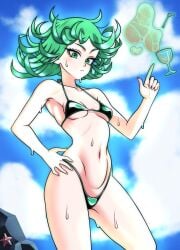 1girls beach bikini child_bearing_hips female female_focus female_only green_eyes green_hair highres non-web_source one-punch_man shortstack small_boobs sweat sweatdrop sweating tagme tatsumaki