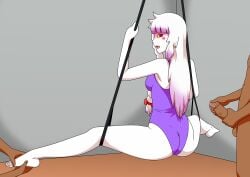 1boy 1girls braid clothed_female_nude_male commission dark-skinned_male faceless_male female foot_grab ghost_girl hanging human imminent_sex long_hair looking_back male mature_female misaeldm one-piece_swimsuit original_character out_of_frame putting_on_condom red_eyes ribbon spread_legs violet_hair white_hair white_skin yellow_sclera