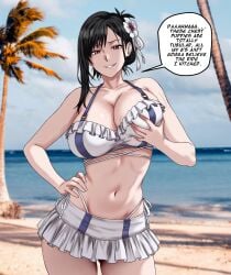 alternate_costume beach bikini black_hair breast_grab breast_squeeze breasts cleavage final_fantasy large_breasts outdoors possession scooby-doo tifa_lockhart tree