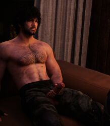 1boy 1male beard big_balls big_cock big_penis black_hair carlos_oliveira gay hairy_arms hairy_chest jerking masturbating masturbation muscles muscular muscular_male pants pants_open resident_evil resident_evil_3_remake solo solo_focus solo_male uncut uncut_penis