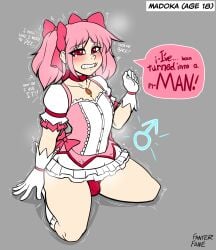1boy age_progression aged_up ashamed blush bulge bulge_through_clothing color cute english english_text fanterfane female_to_male femboy feminine_male feminization forced_transformation gender_symbol gender_transformation genderswap_(ftm) madoka_kaname magic magical_girl mahou_shoujo_madoka_magica panties pink_hair puella_magi_madoka_magica rule_63 sissification sissy small_penis tears teeth text text_bubble thick_thighs tiny_penis transformation white_body white_skin