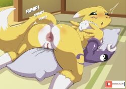 anthro anus armwear ass bandai_namco black_sclera blue_eyes bodily_fluids breasts clothing digimon digimon_(species) elbow_gloves female genital_fluids genitals gloves grinding handwear hi_res ike_marshall masturbation pillow pillow_humping pussy renamon solo vaginal_fluids