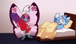 2018 antennae_(anatomy) anthro arthropod assimilative_feline badhedgehog bed bed_sheet bedding bedroom biped black_claws blue_body blue_ears blue_eyes blue_fur blue_tail butterfly butterfree buttershe claws clothed clothed_anthro clothed_female clothing digital_media_(artwork) dildo dipstick_tail duo fan_character felid feline female finger_claws footwear fur furniture generation_1_pokemon green_clothing green_headwear headgear headwear heart_(marking) holding_dildo holding_object holding_sex_toy huge_dildo insects legwear lepidopteran looking_at_another looking_at_viewer lying male mammal markings multicolored_body multicolored_clothing multicolored_dildo multicolored_footwear multicolored_fur multicolored_headwear multicolored_stripes multicolored_tail nintendo nurse nurse_clothing nurse_headwear nurse_uniform on_back on_bed open_mouth pattern_clothing pattern_footwear pattern_legwear pattern_socks pink_body pink_clothing pink_footwear pink_markings pink_stripes pink_wings pokemon pokemon_(species) purple_dildo quetzalli_(darkmirage) red_dildo scared scared_expression scared_face sex_toy smile smiling_at_viewer snout socks standing striped_clothing striped_footwear striped_socks stripes tail tail_markings teeth two_tone_body two_tone_clothing two_tone_dildo two_tone_footwear two_tone_fur two_tone_headwear two_tone_stripes two_tone_tail uniform white_body white_clothing white_footwear white_fur white_headwear white_inner_ear white_nose white_stripes white_tail white_tail_tip wing_markings wings
