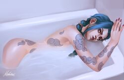 1girls artist_name artist_signature bath bathing bathtub convenient_censoring in_water jinx_(league_of_legends) league_of_legends naked naked_female nikkotari nude nude_female riot_games solo water
