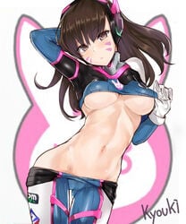 arm_up artist_name asian belly bodysuit breasts brown_eyes brown_hair cameltoe d.va female flashing hips kyouki looking_at_viewer overwatch pants_down posing presenting shirt_lift simple_background teasing teenager underboob