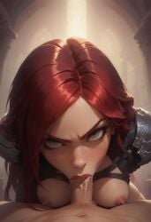 ai_generated angry armbinder arms_behind_back blowjob bondage bound captured captured_heroine defeated defeated_heroine female forced_oral functionally_nude green_eyes katarina_du_couteau league_of_legends male oral penis pov rape red_hair slave slavegirl