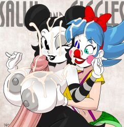 1boy 2025 2girls 5_fingers aeolus06 arm_stockings assisted_paizuri big_breasts big_penis black_hair black_lipstick breast_grab clown clown_girl cum cum_on_breasts cum_on_face female giggles_the_slutty_clown grabbing_from_behind huge_breasts huge_cock lipstick_on_penis male male/female multiple_girls offscreen_male one_eye_closed paizuri partial_male red_lipstick sally_mcboing threesome white_skin