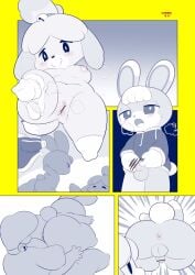 3_toes 4_fingers 5_fingers animal_crossing anus balls blush bottomless bottomless_male breasts breath canid canine canis censored censored_genitalia censored_penis censored_pussy closed_eyes clothed clothing comic domestic_dog duo erection feet female fingers flaccid foreskin genitals hair half-closed_eyes happy holding_own_penis humanoid_genitalia humanoid_penis isabelle_(animal_crossing) japanese_description lagomorph leporid looking_pleasured male male/female mammal mostly_nude_female narrowed_eyes nintendo nipples nude nude_female nude_male open_mouth pawpads penis rabbit sasha_(animal_crossing) speechless tail toes undressing_self woory