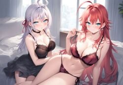 2girls ahoge ai_generated alisa_mikhailovna_kujou big_ass_(female) big_breasts bikini blue_eyes blush crimson_hair_female crossed_bangs crossover crossover_ship crossover_shipping curvy_females demon_girl females_only hair_ribbon high_school_dxd hourglass_figured_female huge_ahoge indoors interspecies lesbians light-skinned_female long_hair_female loose_hair lovehuwu milky_white_skin red_ribbon rias_gremory russian_girl silver_hair_female sky_blue_eyes thick_thighs tokidoki_bosotto_russian_de_dereru_tonari_no_alya-san very_long_hair_female voluptuous_female wide_hipped_female yuri