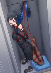 absurdres anal_hook arms_behind_back ball_gag black_hair black_pantyhose blazer blue_eyes blue_hair bondage breasts collared_shirt female full_body gag gagged highres hogtie in_locker jacket locker long_hair looking_at_viewer medium_breasts multicolored_hair original pantyhose pleated_skirt restrained saliva_drip shibari_over_clothes shirt shoes skindentation skirt solo suspension t_zhonglang very_long_hair white_shirt